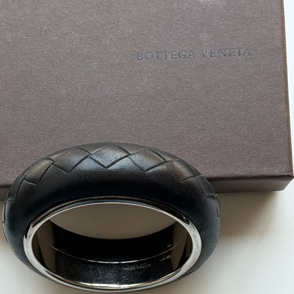 Rare Bottega Veneta Intrecciato Leather and Silver Bracelet